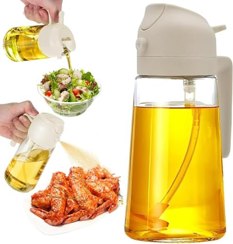 Spruzzatore per olio 2 in 1, 500 ml, flacone spray per olio da cucina, bottiglia d'olio e spruzzatore, spray per olio d'oliva, dispenser per aceto, per cucinare, cuocere, grigliare e insalata,