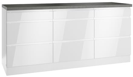 Lomadox Auszugsschrank Unterschrank mit Schubladen 180 cm, Hochglanz weiß, Arbeitsplatte Betonoptik | 9 Schubladen