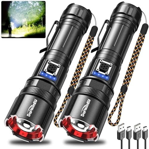 daphomeu Linterna LED recargable, 2 unidades, 250.000 lúmenes, linterna LED extremadamente brillante, linterna táctica de metal con 5 modos y zoom e indicador de batería para camping, senderismo,