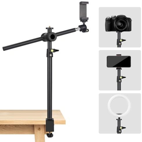 JEBUTU OS01 Camera Desk Mount with Flexible Overhead Boom Arm, 32.5-55cm Adjustable C-clamp Tabletop Light Stand with 1/4 Ball Head for Smartphones, Ring Light, Webcam, Small Cameras