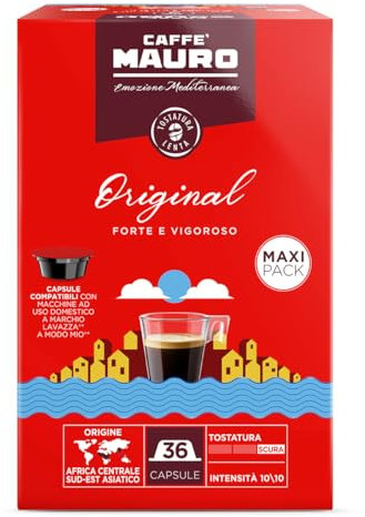 Caffè Mauro Mezcla de Café Espresso Original, intensidad 10/10-144 Cápsulas - Compatibles con Máquinas de Café Lavazza* A Modo Mio* - Producido en Italia - 4 paquetes de 36
