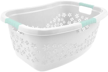 homesti ergonomischer Wäschekorb weiß, 50 Liter Wäschekorb mit Soft-Touch-Griffen in Aquamarin, Korb mit seitlichem Griff für festen Halt