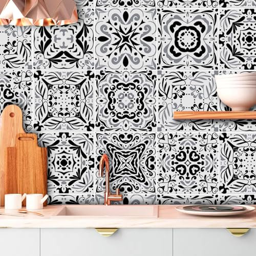 TOARTi Grey Moroccan Tile Stickers,15cm(6) 18 pcs Kitchen Bathroom Wall Tile Stickers Peel and Stick on Tile Transfers Covers Decals Self Adhesive Vinyl Waterproof White Black Mosaic Art