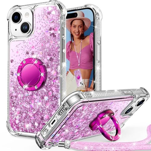 Unlicaku for iPhone 15 Case with Stand, Sparkle Glitter Case with Ring and Lanyard, Women Girls Luxury Cute Bling Diamond Protective Phone Cover for iPhone 15, Clear Pink