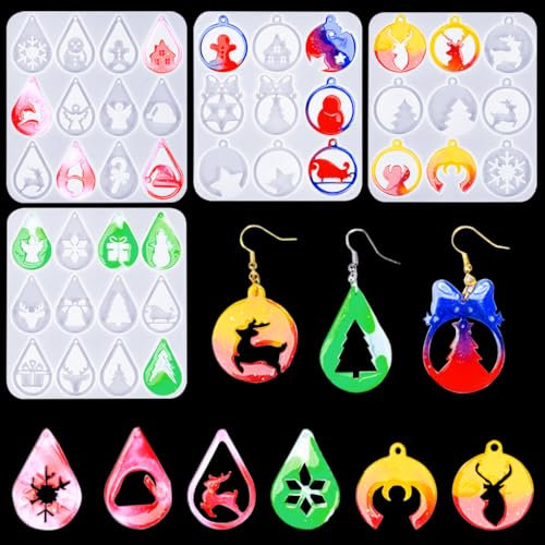 FineInno 4 Stück Epoxidharzform Weihnachten Ohrringe Formen Anhänger Silikonform mit Löchern Schmuck Harzformen für DIY Basteln