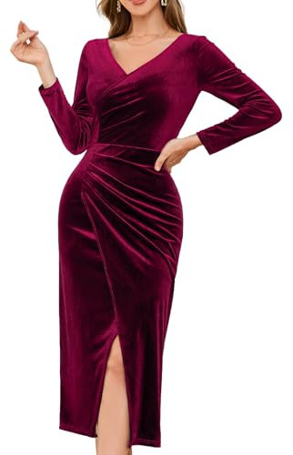 Gardenwed Vestido de terciopelo para mujer, manga larga, bodycon Maxilang, vestido envolvente, cóctel, fiesta, invierno, invitado de boda, vestido festivo, vestido de Navidad, granate, XL