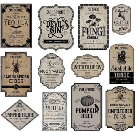 Wine Glass Stickers, Halloween Wine Bottle Labels, Pack of 12 Halloween Stickers for Shot Bottles, Waterproof Wine Labels, Halloween Bottle Labels, Drink Stickers