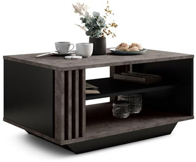 Viosimc Couchtisch, Wohnzimmertisch mit modernen Lamellen, moderner und stilvoller rechteckiger Kaffeetisch mit Ablage, stilvolle Ergänzung für jedes Wohnzimmer – Lupek Arosa & Dunkelschwarz