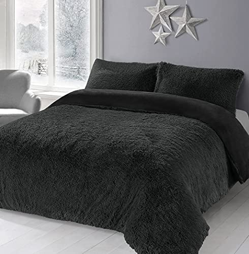 NIGHTS Teddy Bear Fleece Long Fur Cuddles Luxury Duvet Cover Set Warm Cosy Soft Teddy Bedding Set (Single, Double, King,Super King) (Black, Double)