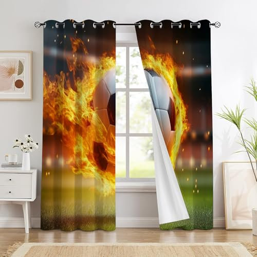 GSAEIMCT football Window Curtain Flame Football Print Curtains Home Decor Eyelet Ring Top Darkening Blackout Drapes Decorative for Bedroom Living Room 55 x 63 Inch 2 Panels