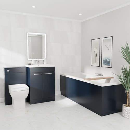 Wholesale Domestic Denton 1700mm Slim Edge Straight Double Ended Bathroom Suite including Deep Blue Furniture Set with Polished Chrome Handles