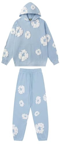 ZHGPUFF 2 Pezzi DT Tuta Tuta Uomo e Donna Felpa con Cappuccio e Pantaloni Tuta Uomo e Donna Y2K Felpa con Cappuccio Stampa Fiori Pantaloni, casual Sweatsuit Set(Sky blue,XL)