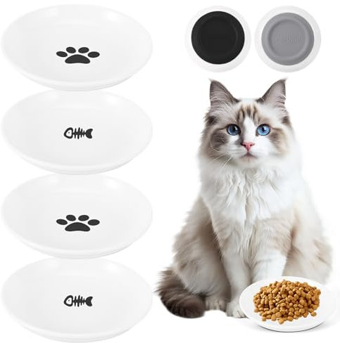 Ceramic Cat Bowl 4 Pack, Dwarf Cat Feeding Bowl Water Bowl Milk Bowl for Kitten and Cat Big-faced Long Whiskers, Flat Cat Bowl with Non Slip Silicone Base 6x1.1 Inch Whisker Friendly (4 Bowls)