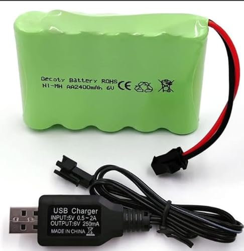 6V 2400mAh NiMH Battery Pack, Rechargeable SM-2P Plug with USB Charging Cable Suitable Compatible with RC/Remote Control Toy Cars, Buggy, Boats, Helicopter, Airplane, Airsoft Guns