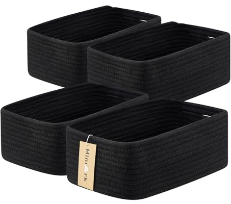 MiniArk Kleine Aufbewahrungskörbe zum Organisieren, Schrank-Organizer, Regal, Spielzeugkorb, gewebte Seilkörbe, würfelförmige dekorative Box, flacher Korb, 33 x 21,6 x 13 cm, 4 Packungen, Schwarz