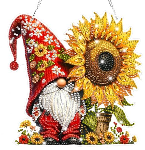 Lxmsja 5D Diamond Painting Anhänger Gnome, Sonnenblume Diamond Painting Fensterbilder Beidseitig für Erwachsene Kinder, Bastelset Kreativ Set, Hängend Ornament Kranz Tür Fenster Wand Eingang Decor