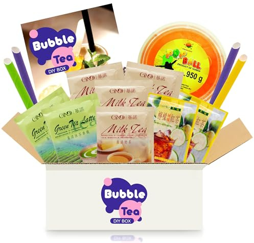 Bubble Tea DIY Set mit Mango Popping Boba - Für 4 Getränke - 14-teiliges Boba Tee Starter Kit - 3 Teesorten (Milchtee, Grüner Tee, Zitronen-Eistee), Fruchtperlen, Strohhalme, mit Anleitung
