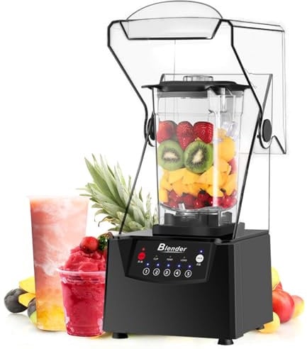 Commercial Quiet Blender,2000ml Big Pitcher Fruit Juice Smoothie Maker with Soundproof Shield,6-Blade Diamond Turbine Cutter & Self-Cleaning Ice Crusher for Smoothies in Restaurants & Home Kitchens