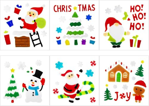6 Stück Weihnachts Gel Fensteraufkleber Schneemann, Lebkuchenmann, Weihnachtsbaum, Weihnachtsmann, Schneeflocken für Glasfenster, Weihnachtsdekoration