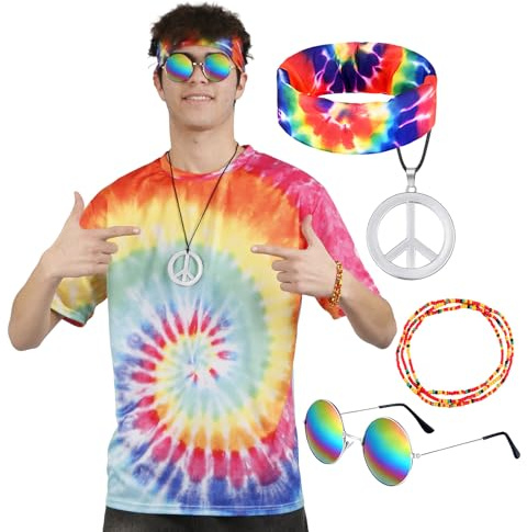 Zhulybowei Hippie Kostüm Set, 60er 70er Jahre Outfit Herren Damen, Hippie Kostüm Männer Hippie Tshirt Damen, Hippie Shirt Stirnband Brille Halskette Armbänder Zubehör Mottoparty Faschingskostüme