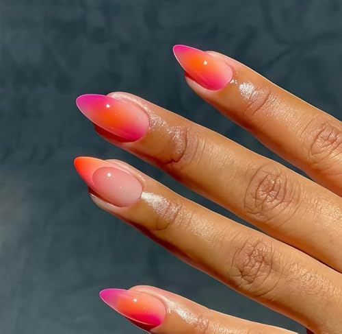 24-Piece Orange-Red French Press On Nails, Gradient Jelly Almond | Glossy jelly effect, almond shape, for women, summer styling, parties, events and everyday wear