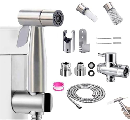 Bidet-Handbrause, Dualer Schalter Dualer Modus Hand Gehalten Bidet Sprayer Edelstahl Sprayer mit 49-Zoll-Schlauch und Halterung Halter, Includes T-adapter (G1/2''-3/8'')
