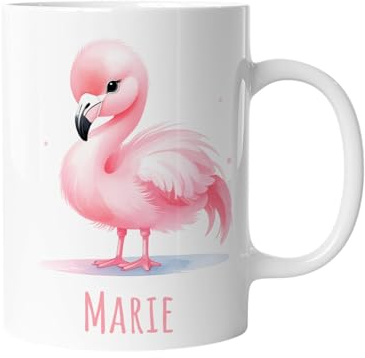timalo Kindertasse mit Namen | Kleiner pinker Flamingo | Personalisierte Keramik Tasse mit Tieren | für Kinder, Jungen & Mädchen – Geschenk, Geburtstagsgeschenk, Namensgeschenke, Kaffeetasse