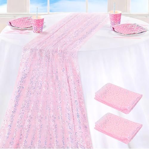 Niuny Tischläufer Rosa Tischläufer Meerjungfrau 2Stk Pailletten Stoff 30 x 275cm LäUfer Tisch Table Runner Tischläufers Glitzer für Party Deko Geburtstag Hochzeiten Weihnachten Einschulung Deko