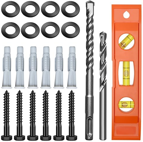 Mywish TV Mount Screws Kit, Lag Bolts for TV Wall Mount with 2X Drill Bits, M8x65 Lag Screws, 10x60 Wall Anchors, Washers, Bubble Level for Wood Stud Brick Concrete Drywall, TV Mounting Hardware Kit