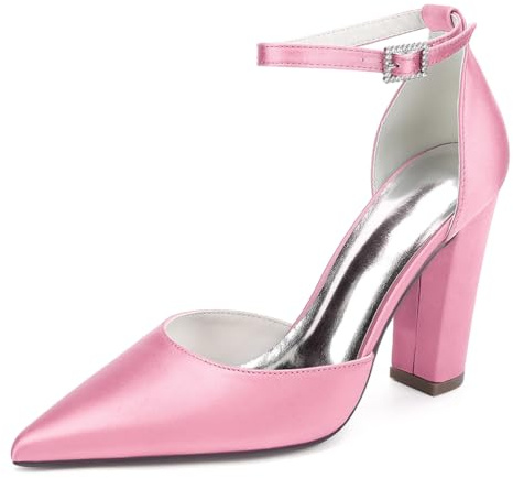 LRMYMHY Chaussures De Mariage en Satin À Bretelles De Cheville pour Femmes Talons À Talons Blocs Talons De Mariée À Bout Pointu,Rose,41 EU