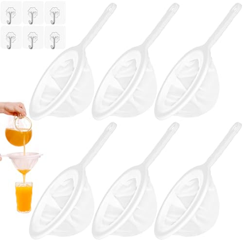 QGGTQG Lot de 6 passoires de cuisine ultra fines 400/300/200/120/100/80 - En maille nylon - Avec poignée - Avec 6 crochets - Pour lait de soja, lait de soja, jus, lait, vin