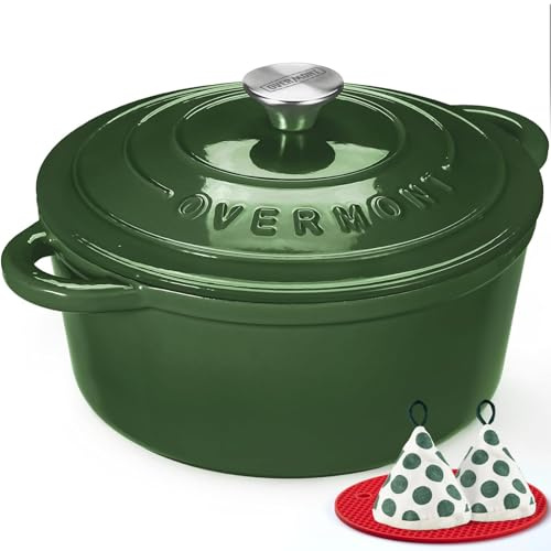 Overmont 28cm/6.6L Enamelled Cast Iron Round Casserole Dish With Lid,7QT, Cookbook -Non-stick Dutch Oven for Braising, Stews, Roasting, Bread Baking - Highlighter green