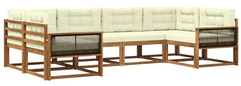vidaXL Outdoor-Sofagarnitur mit Kissen 6 pcs Natur und Creme, Akazienholz Lounge Set für draußen, modernes Gartenmöbel, wetterfest und stylisch für deinen Garten
