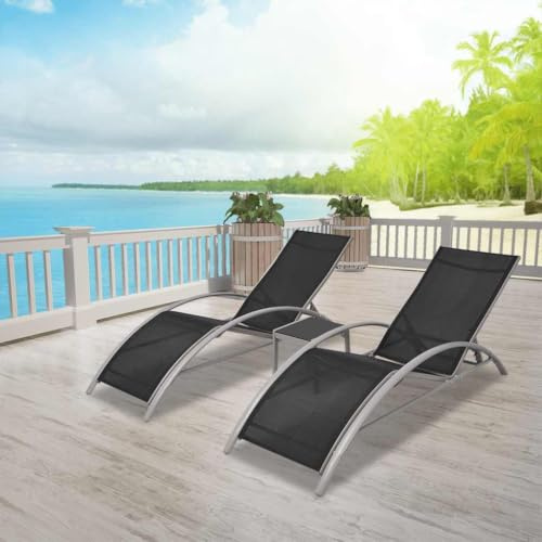 Augerqir Tumbona de jardín de aluminio negro, resistente a la intemperie, textileno, juego de 2 unidades con mesa de cristal, plegable, ergonómica, para terraza, balcón, piscina, exterior, camping