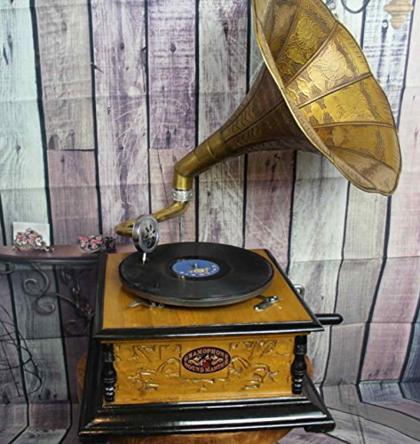 Gremegro 4 ECKIG Grammophon mit Schellackplatte, Messingtrichter, Ersatznadeln, nostalgisches Dekorationsstück