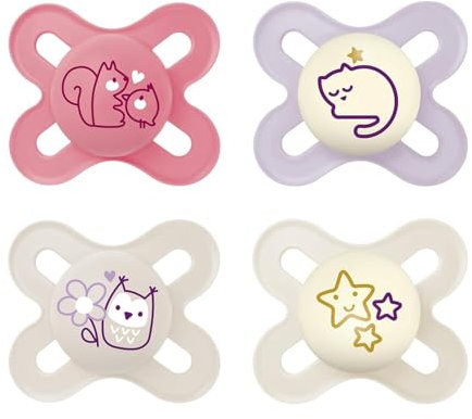 MAM Skin Soft Silikon Schnuller Start speziell für Früh- und Neugeborene extra klein // 0-2 Mo. Girl // 4er Set // Day & Night (2+2)