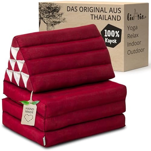 livasia Thaikissen 3 Auflagen einfarbig - 175x50x8cm - Dreieckskissen Klappmatratze, Keilkissen Kapok, Rückenkissen faltbar, Thaimatte Klappen, handgefertigt, Meditationskissen (Rot Uni)