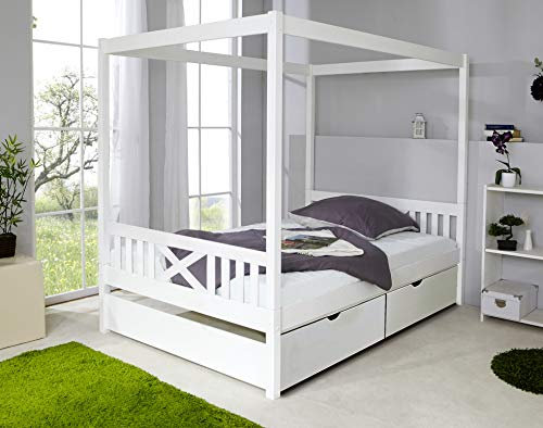 TiCAA Kinderbett Himmelbett mit Schubkasten 140x200 cm, für Jungen & Mädchen, Montessori Bett weiß aus Kiefer Massivholz
