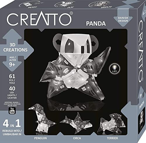 KOSMOS 3577 CREATTO Panda 3D-Leuchtfiguren entwerfen, 3D-Puzzle-Set für Panda, Pinguin, Schwert-Wal, Terrier, kreative Zimmer-Deko, 61 Steckteile, 40-tlg.LED-Lichterkette, Silver