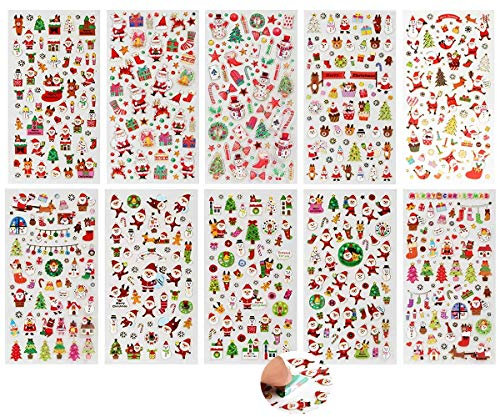 Bkrdty Adesivi Natale 10 Fogli Atalizi Stickers Babbo Natale Pupazzo di Neve Renne Fiocchi di Neve Decalcomanie Grafiche per Biglietti di Natale Decorazioni per Album
