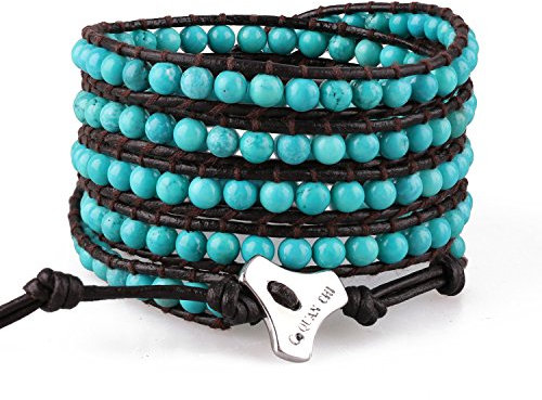 C·QUAN CHI Damen Kristall Labradorit Perlen Armbänder 5 Wickelarmband auf Lederarmbändern 040