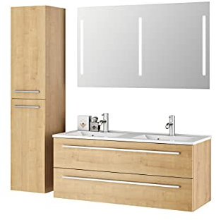 Sieper I Badmöbel Set Libato, Doppelwaschtisch mit Unterschrank 120 x 50 cm, Hochschrank und Badspiegel I Eiche Natur