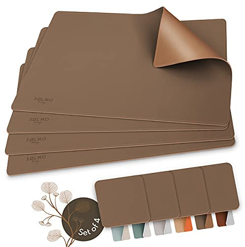 Sølmo Designer Tischset aus PU-Leder - Hitzebeständig Zweifarbig - 4er Platzset Abwischbar mit Untersetzer, Platzdeckchen für Kinder (Brown/Gold)