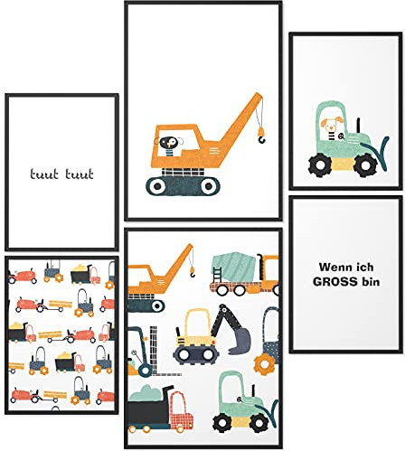 Papierschmiede® Bilder Kinderzimmer Kids Mood Poster Set Baumeister, Kinderzimmer Bilder Babyzimmer Deko, 2x DIN A2 und 4x DIN A3, Bagger Laster Trecker - Kinderposter ohne Rahmen