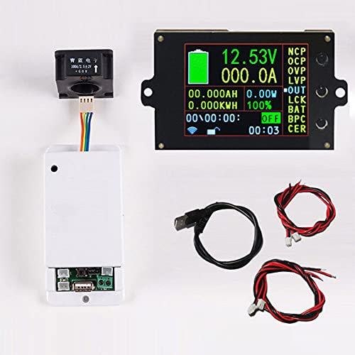 Voltmètre sans fil CC 500 V 300 A - Capacité de charge de batterie solaire - Testeur de coulomètre avec écran LCD couleur de 6,1 cm