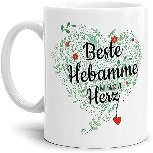 Berufe Tasse - Beste Hebamme mit ganz viel Herz - Geschenk für die beste Hebamme, als Dankeschön - Hochwertige Keramik, Weiß, 300 ml