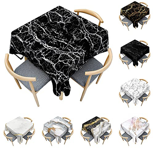 Odot Tablecloths Square Wipe Clean, Wipeable Table Cloth Stain Resistant Table Cover 3d Black and White Marble Rectangular Tablecloth for Kitchen Dining Table Coffee Table (black silver,140x140cm)