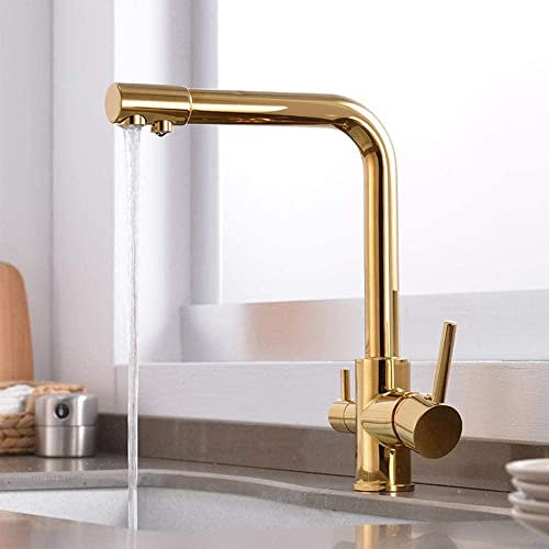 YADLCR Grifo de Cocina Osmosis 3 Vias, Grifo de Filtro de Agua de 3 vías Grifos de Cocina, Mezclador de Fregadero Caño Giratorio de 360 ° de latón con 2 manijas, Acabado Dorado