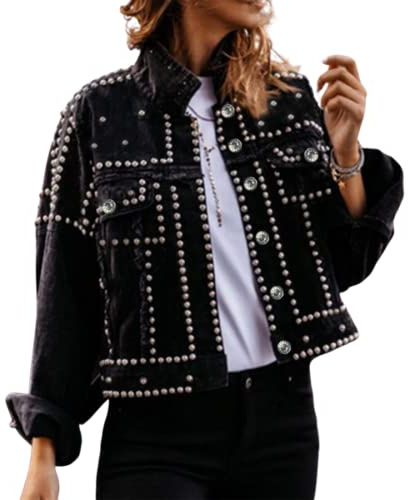 PUWEI Elegante Jeansjacke mit Nieten, für Damen, Western-Look, gewaschener Crop-Jeansmantel, schwarz, Medium
