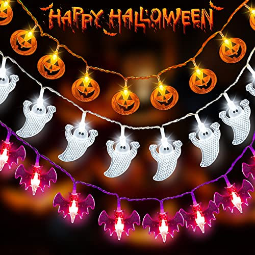 Quunoot Halloween Deko Outdoor, 9M 60 LED Lichterkette Dekoration, 2 Modi Blinkend Dauerhaft Leuchtend, Weißes Gespenst lila Fledermaus Orange Jack Kürbislaternen Schnur für Yard Garten Party